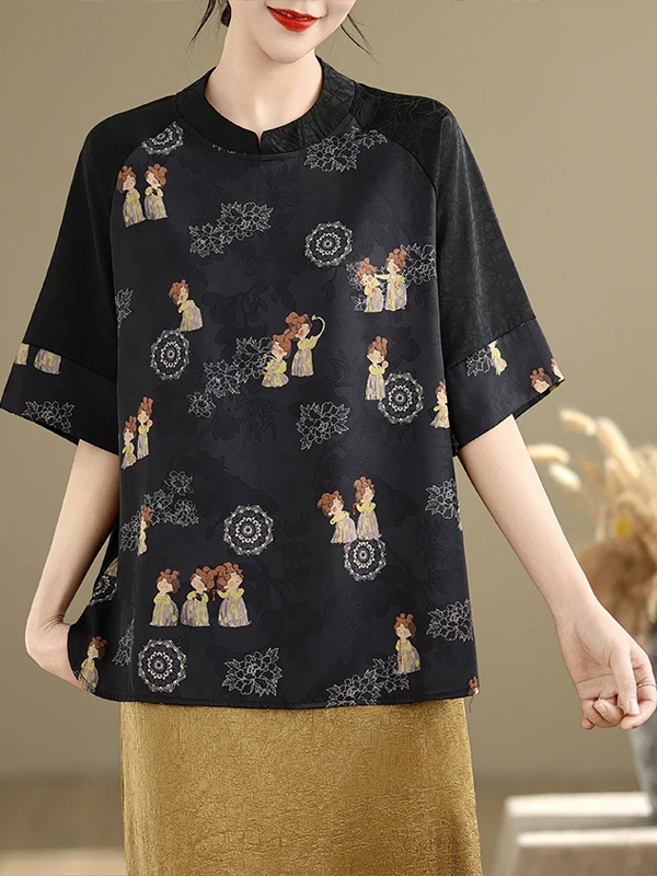 

New Chinese Sle Women's irt Summer Patchwork Stand Collar Faion Belly Covering Slimming Top Print Casual Loose Fit