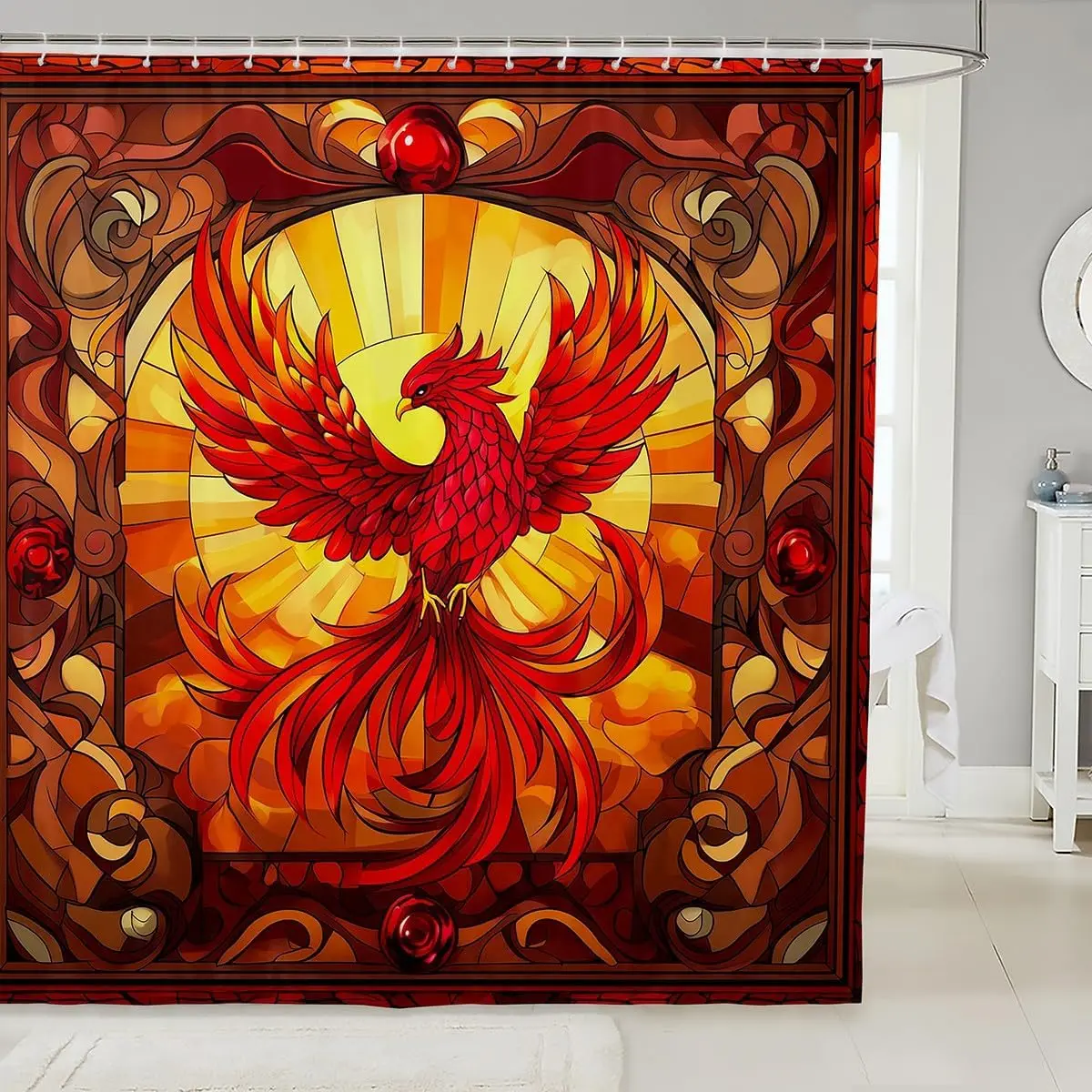 Kids Phoenix Bird Shower Curtain, Retro Red Brown Geometric Abstract Patchwork, Waterproof Fabric Bathroom Curtain with Hooks