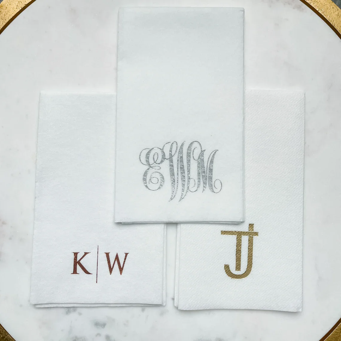 Foil Monogrammed White Linen-Like Napkins, Custom Foil Printed Guest Towels, Personalized Wedding Venue Bathroom Napkins, Housew