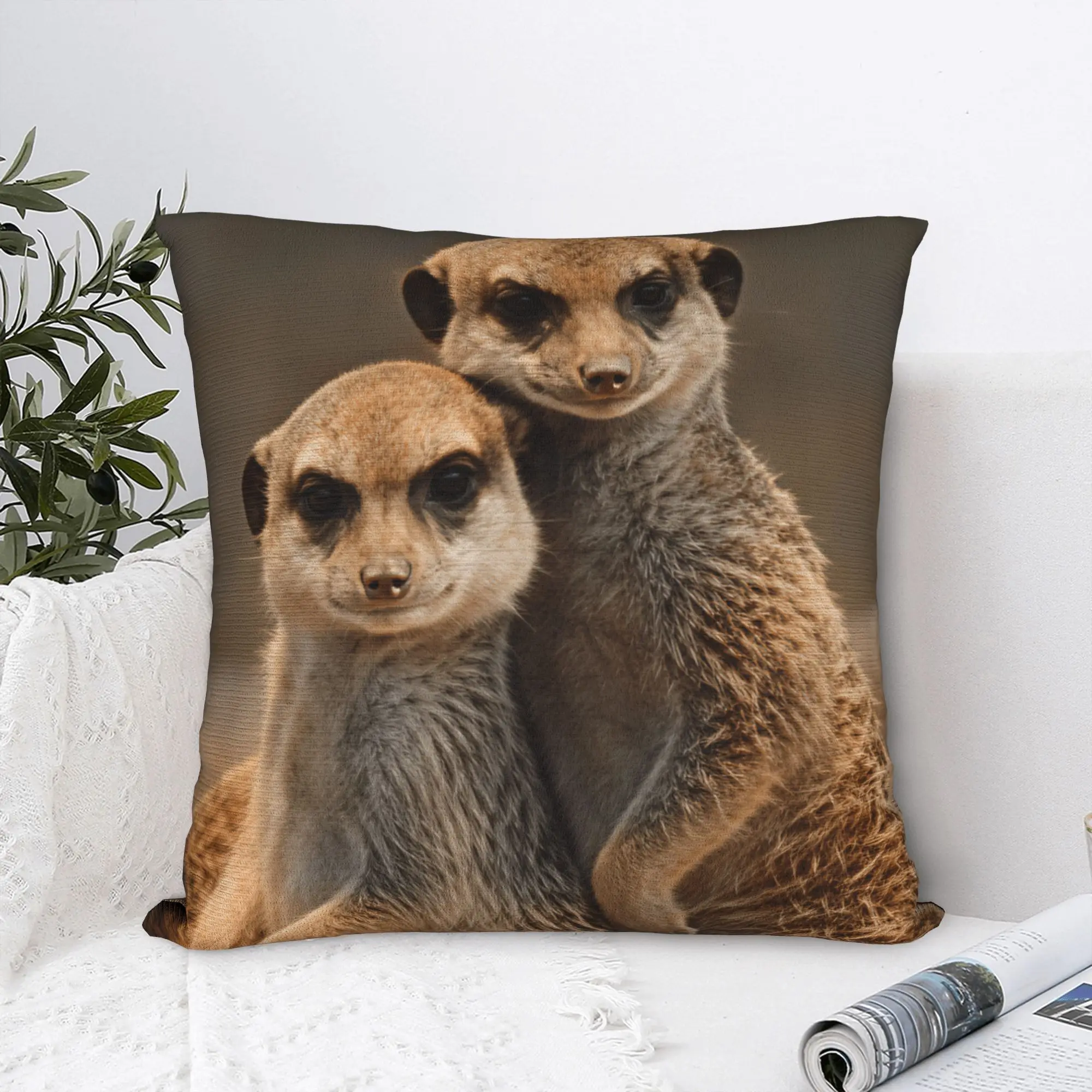 Two Meerkats Leaning On Each Other Pillow Case  Cute Funny Pillow Cover Design Pillowcases For Living Room Sofa