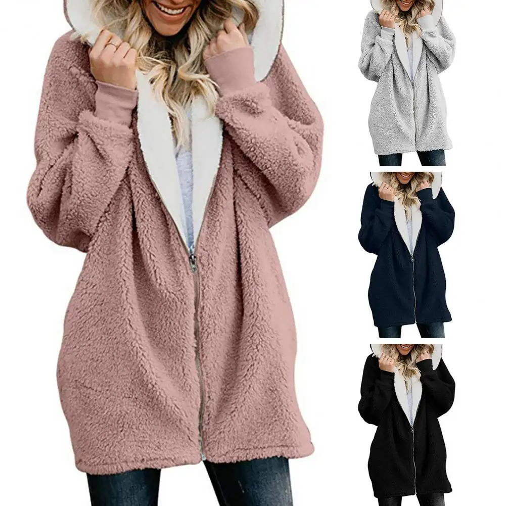 Mit kapuze Long Sleeve Zipper Knopfleiste Taschen Mid-Länge Flauschigen Mantel Frauen Herbst Winter Einfarbig Plüsch Jacke Streetwear куртки