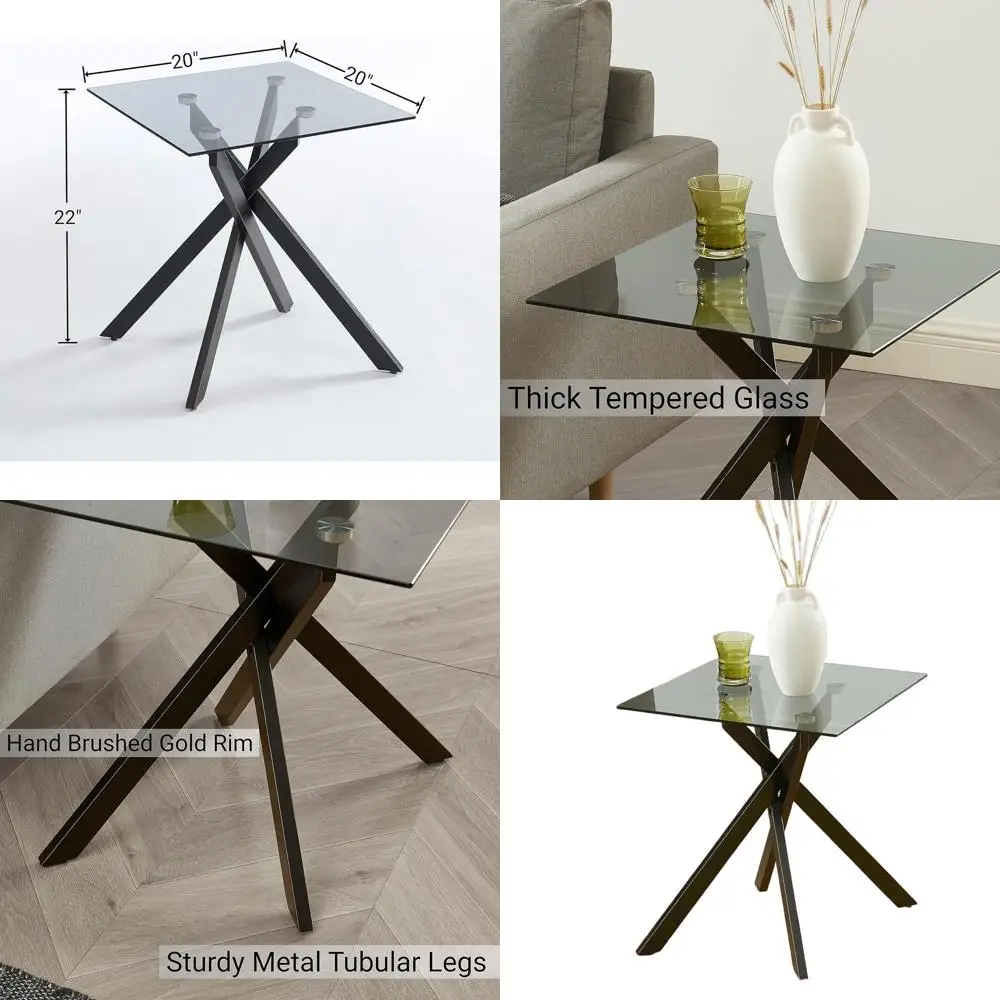 

Современный серый приставной столик с верхней столешницей из закаленного стекла, черными металлическими ножками и золотыми акцентами, 20x20x22 дюйма