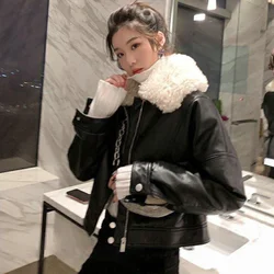 Winter Faux Leather Sticthing Motorcycle Bomber Jacket Lambswool Turn Down Collar Thick Plus Plush Liner PU Coat Zipper Outwear