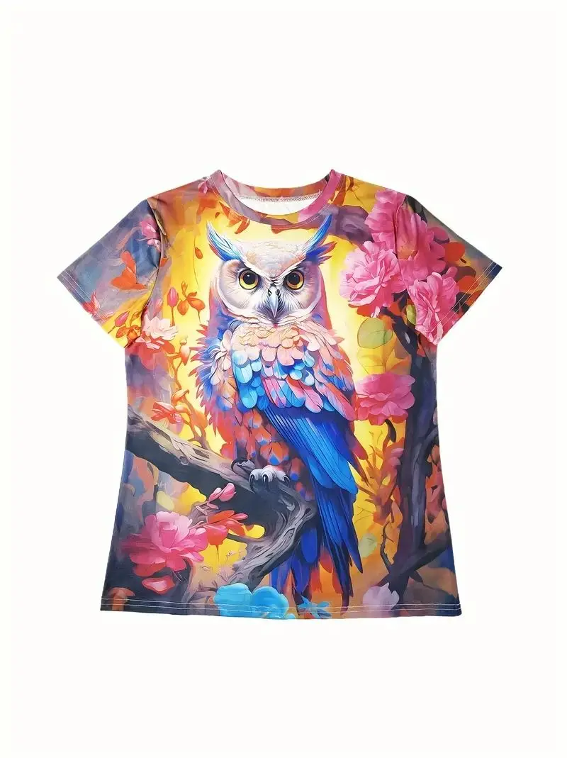 2024 Women\'s T Shirts Summer Fashion Short Sleeve Top 3d Owl Print Oversized Female Clothing Ladies Holiday Tee