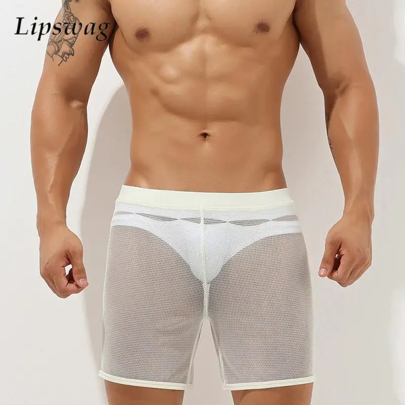

Seaside Beach Sexy Transparent Shorts Mens Summer Breathable Hollow Out Shorts Pajamas Men Casual Elastic Slim Fit Mesh Shorts
