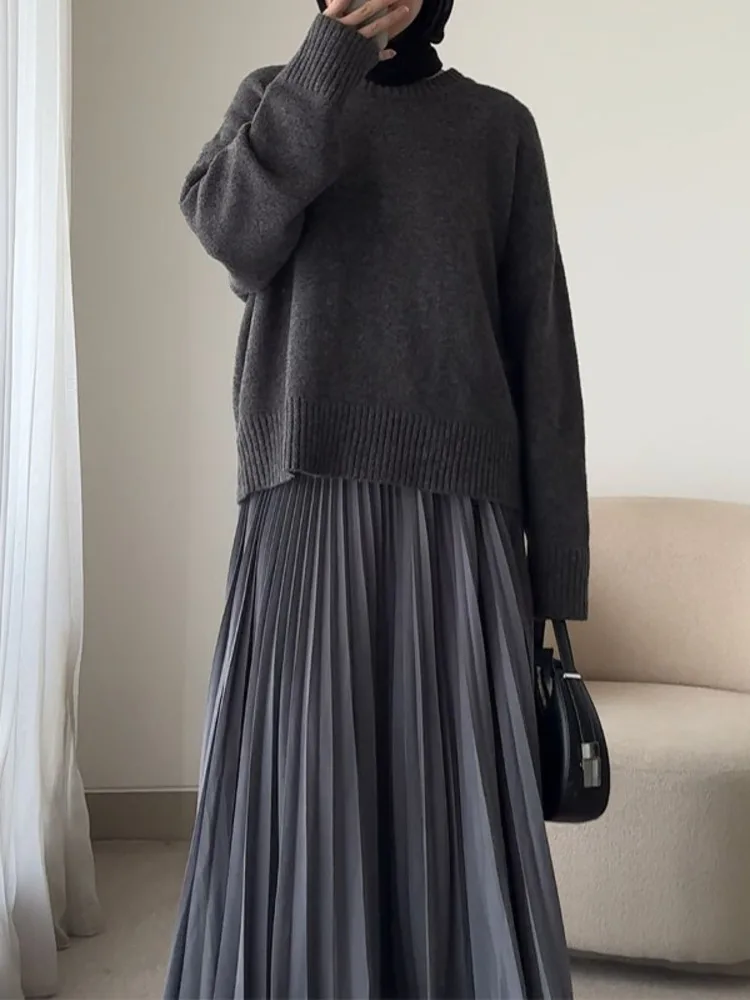 [EWQ] Long Sleeve O-neck Sweater And High Waist Pleated Skirt Solid Casual Women Set Clothing 2024 Autumn New Fashion 16O2120