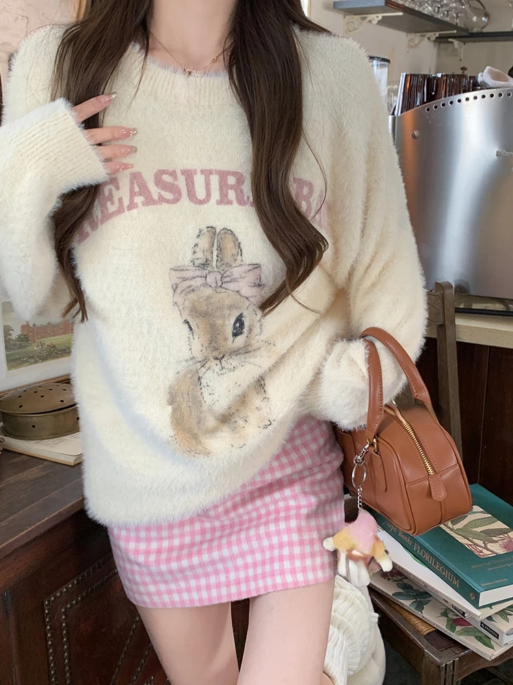 Kawaii Japanese 2 Piece Skirt Sets Women Casual Y2k Knitted Sweater Pullover + Plaid Skirts Korean Fashion Suits Chic 2023 Autmn