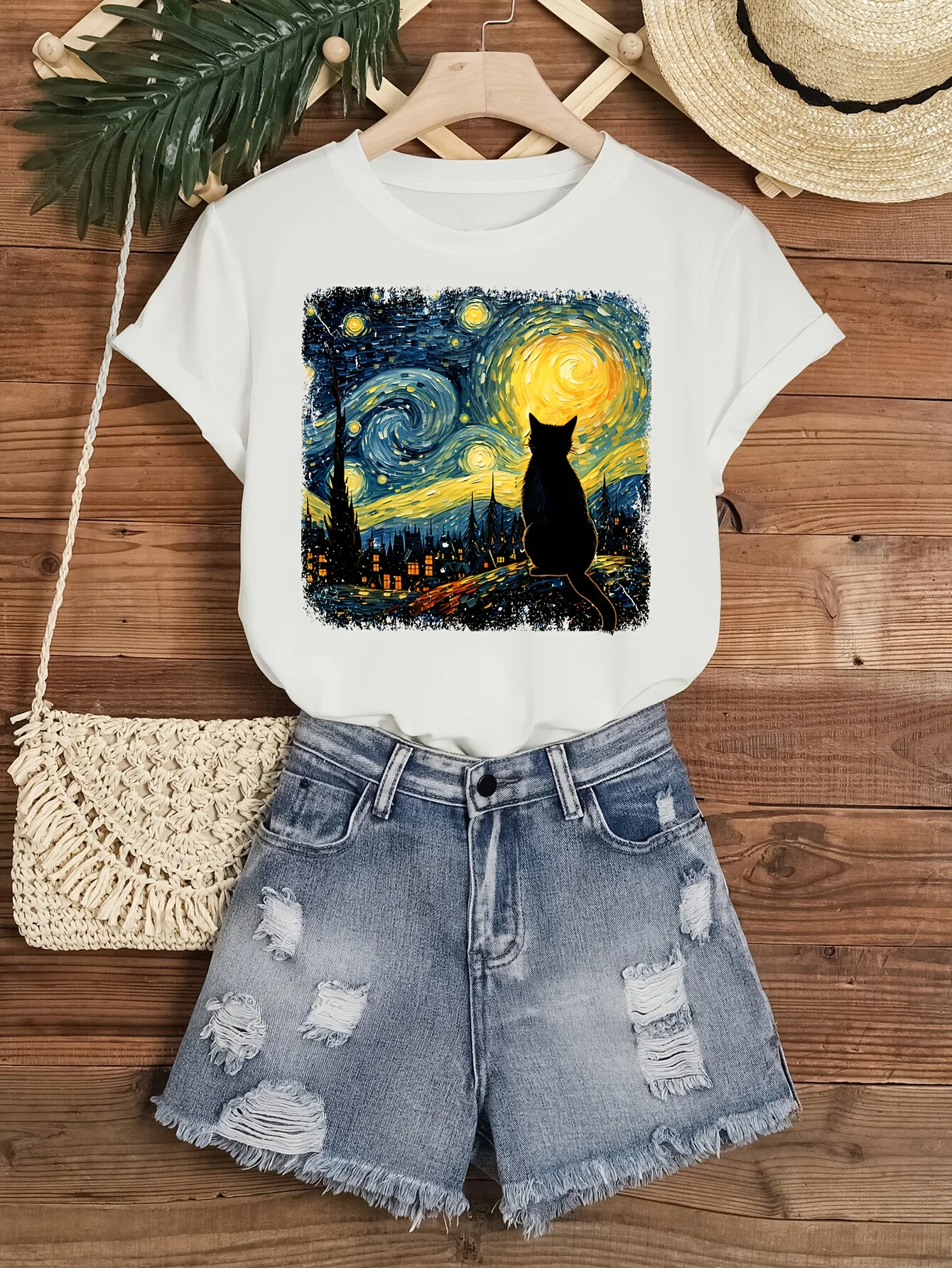 Women's Van Gogh Starry Night Cat Art Print T-Shirt - Black Short Sleeve Crew Neck Casual Top Cat Tshirt Summer Fashion