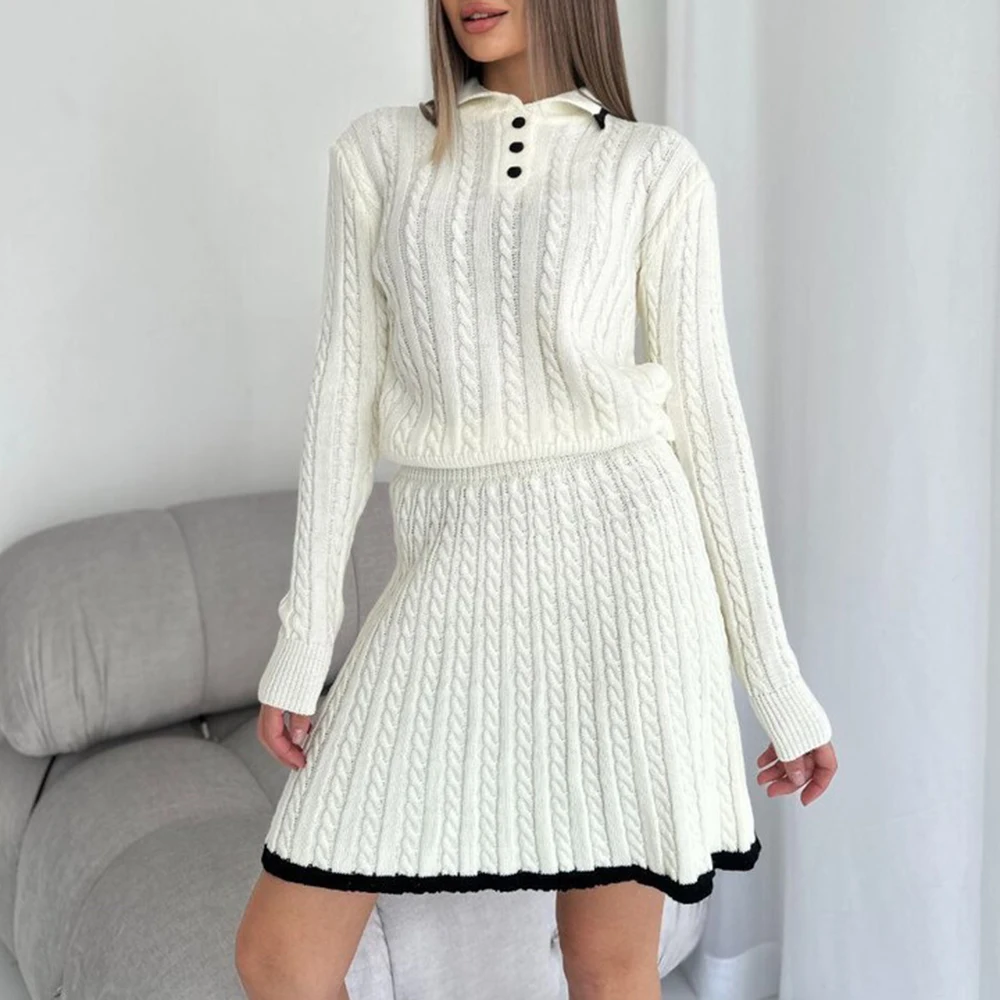 TWOTWINSTYLE Solid Knitted Two Piece Set For Women Lapel Long Sleeve Spliced Buttons Sweater High Waist Skirt Elegant Set Female