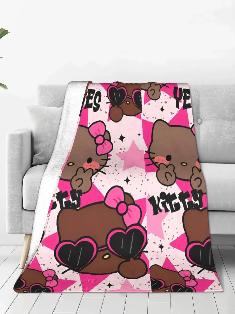 Warm Cozy Throw Blanket for Camping  Hello Kitty Design Suitable for Boys  Girls  Black Flannel Bedspread for Outdoor Fun and In
