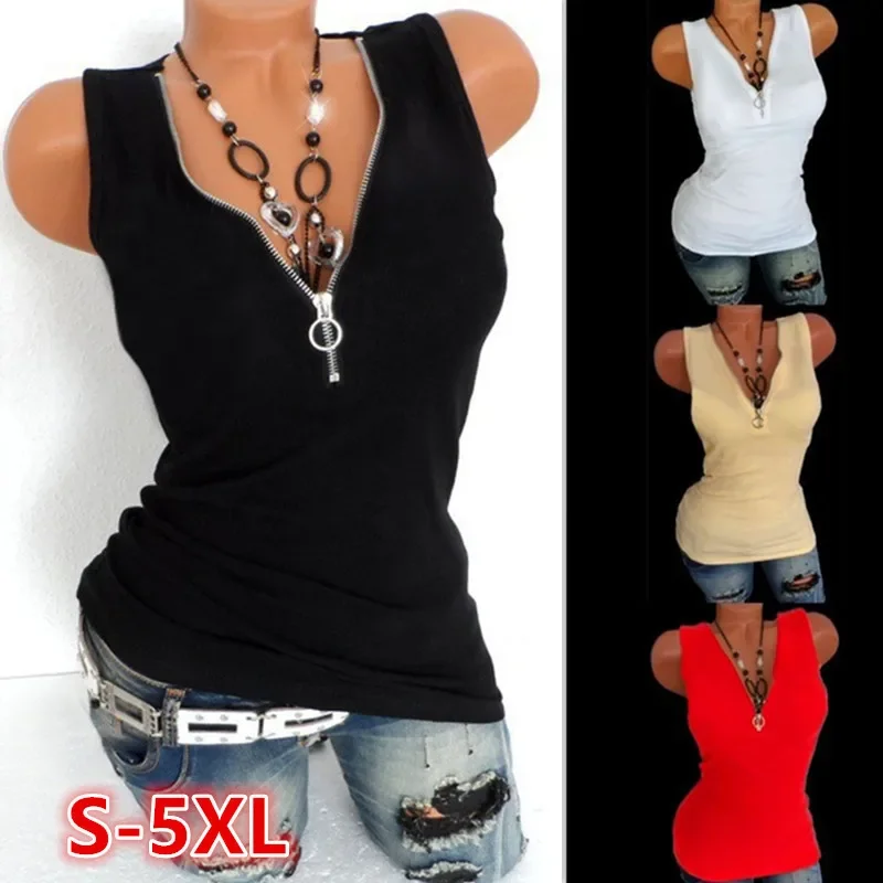 Camisetas sin mangas elásticas con cuentas para mujer, Camiseta de algodón Sexy con cremallera y cuello en V, camisetas sin mangas para mujer,