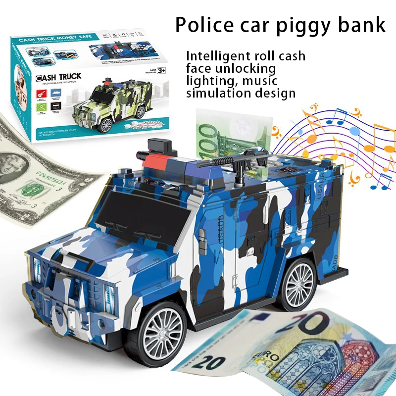 Camión en efectivo de policía, juguete para niños, alcancía, contraseña para niños, huella dactilar, enrollable automático, cajero automático, reconocimiento Facial inteligente, coche de juguete