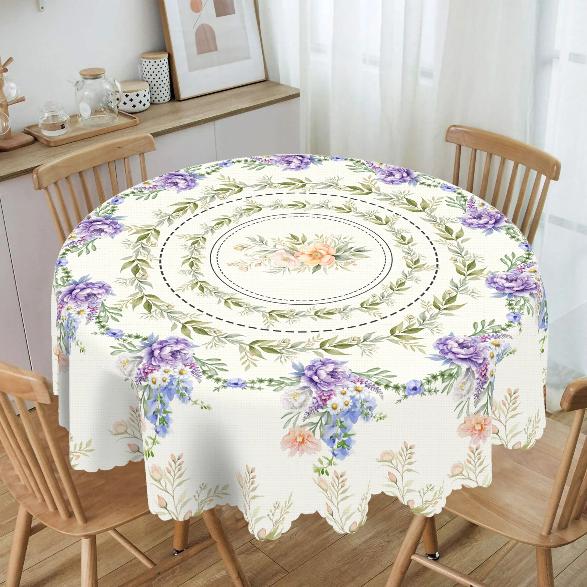 1 Piece of Bright Floral-Themed Tablecloth, Round and Square Table Covers with Vibrant Purple Flowers, French Country-Style Decoration for Everyday Home Kitchen Use, Suitable for Easter, Mother's Day, Camping, Picnics, Birthday Party Table Decoration, Ideal as a Housewarming Gift for Family and Friends, Christmas Gift, Durable Polyester, Machine-Embossed Edges, Available in 5 Sizes