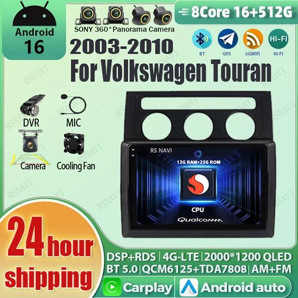 

Android 16 Carplay Auto Qualcomm 2K QLED Screen Car Radio Player For VW Touran 2003 - 2010 GPS Wifi 4G BT DSP Stereo Multimedia
