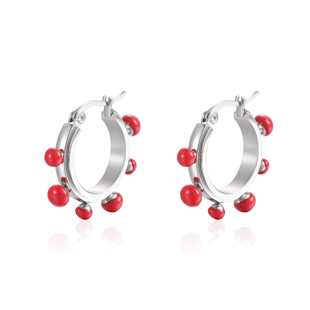 Stainless Steel Zircon Stone Red Bead Hoop Earring Round Fashion Trend For Women