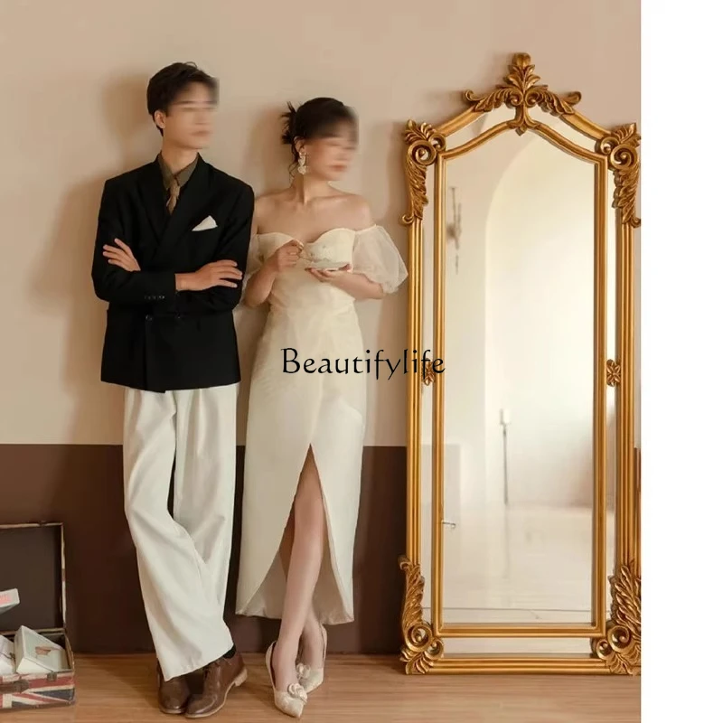 

French retro full-length mirror American carved wall-mounted floor-to-ceiling full-length mirror