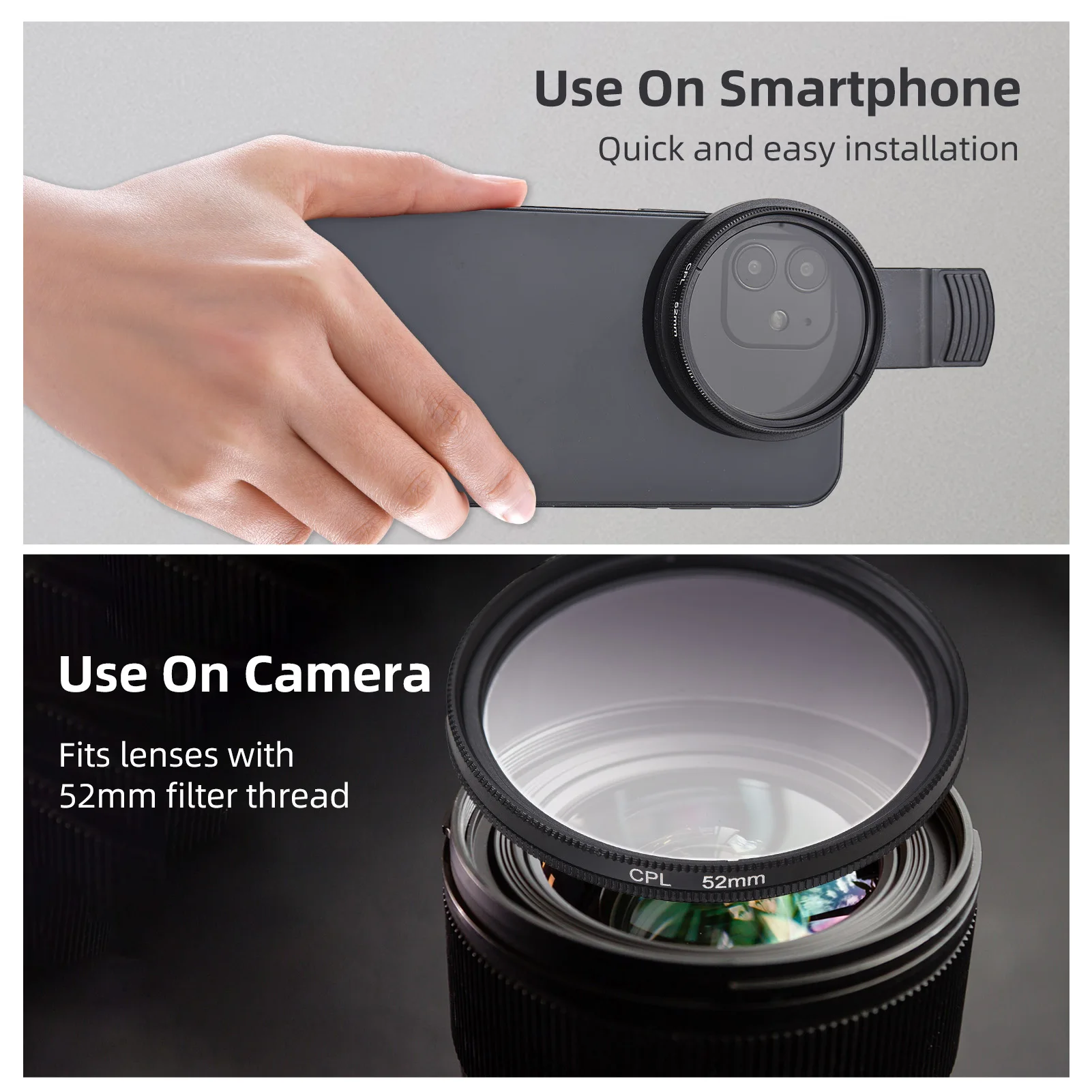 52mm CPL Polarizer Filter Clip-On Lens for Phones & Cameras 5