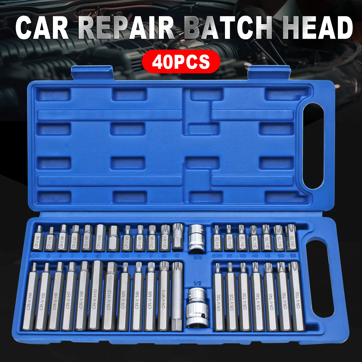 40 piece set of automotive repair tools, including hexagonal, hexagonal, and hexagonal screwdriver head sleeve sets