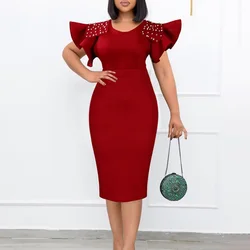 2024 New Dresses for Women O Neck Ruffles Sleeve Solid Beaded Package Hips Mid Calf Elegant Birthday Party Dinner Vestidos Mujer