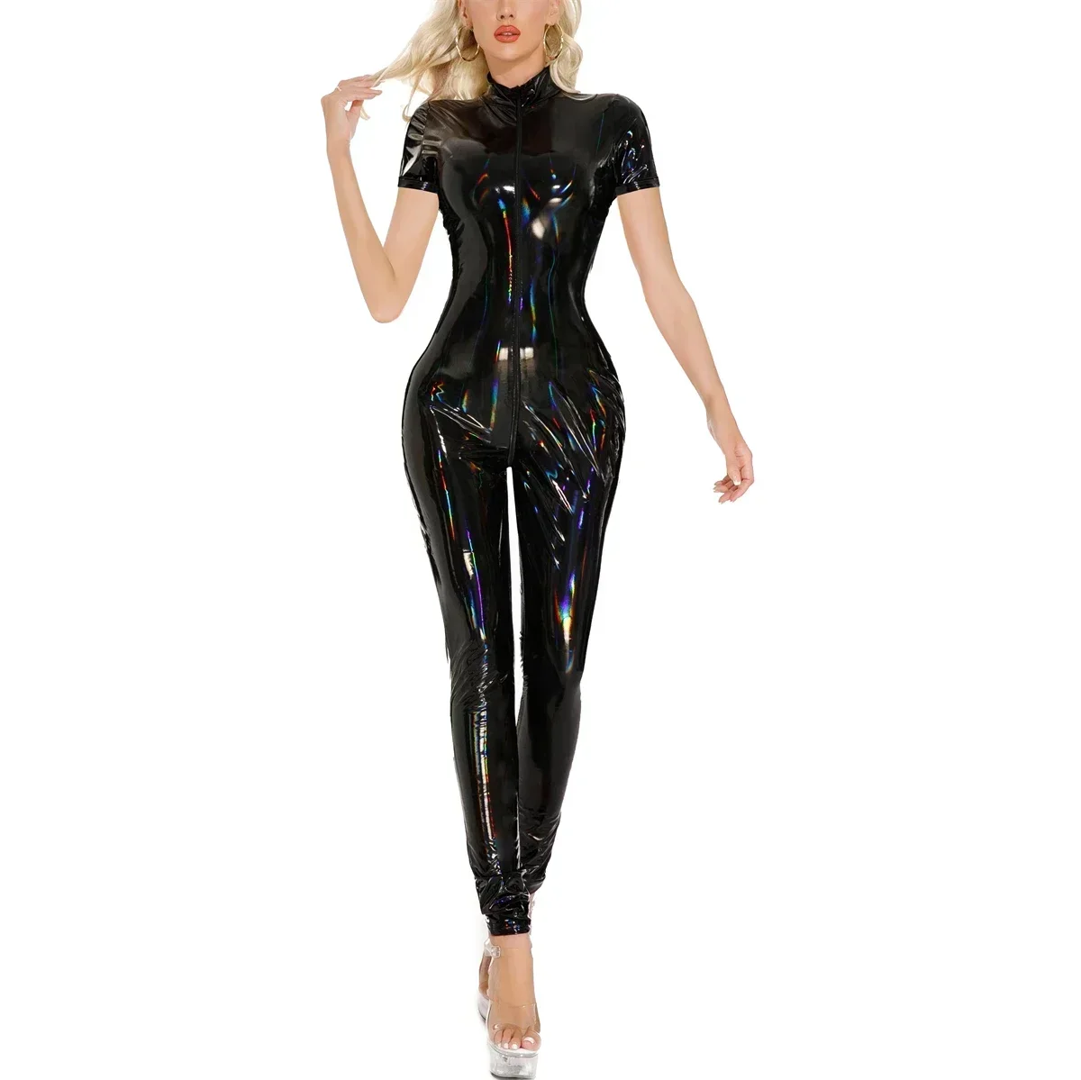 Women Full Body Skinny PVC Leather Jumpsuit Wetlook Shiny Open Crotch Zipper Bodysuit Short Sleeve Catsuit Sexy Clubwear Leotard