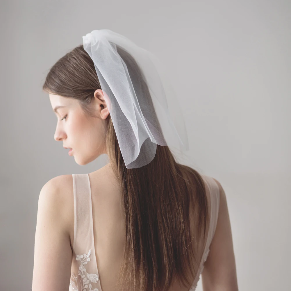 V612 White Short Wedding Bridal Veil Two-Layer Plain Tulle Cut Edge Bride to Be Veil Women Handmade Headdress Veil