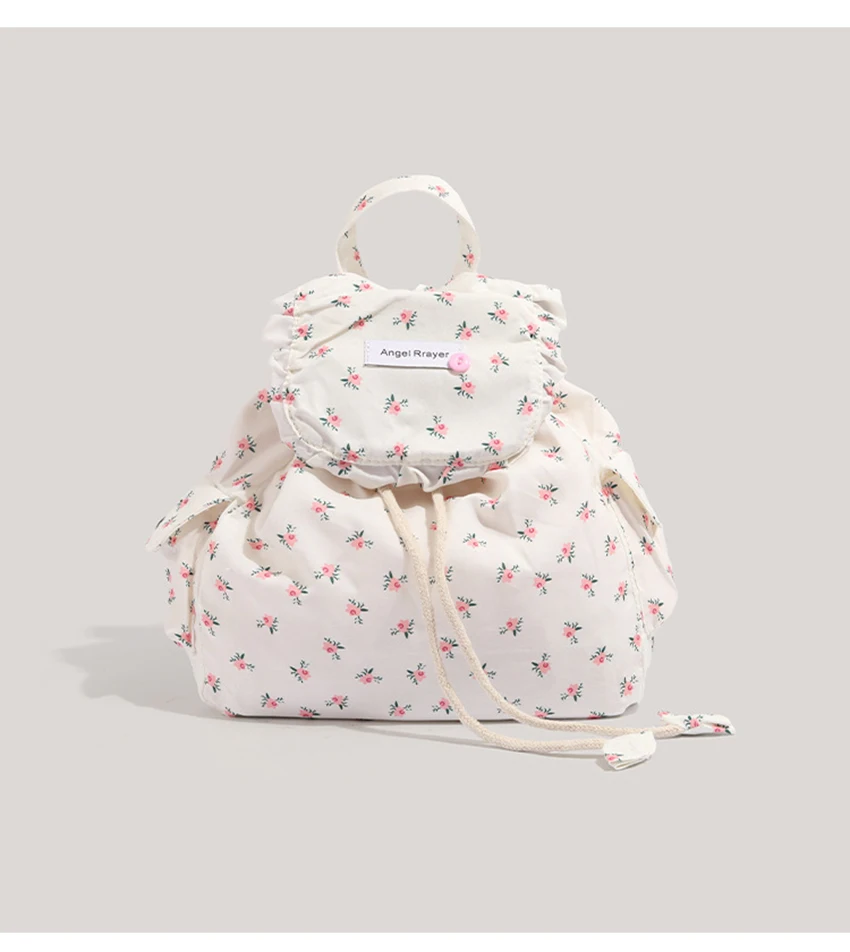 

Korean Women Floral Backpack Casual Fashion Large Capacity Shoulder Bag Summer Drawstring hasp Girl Canvas School Bags