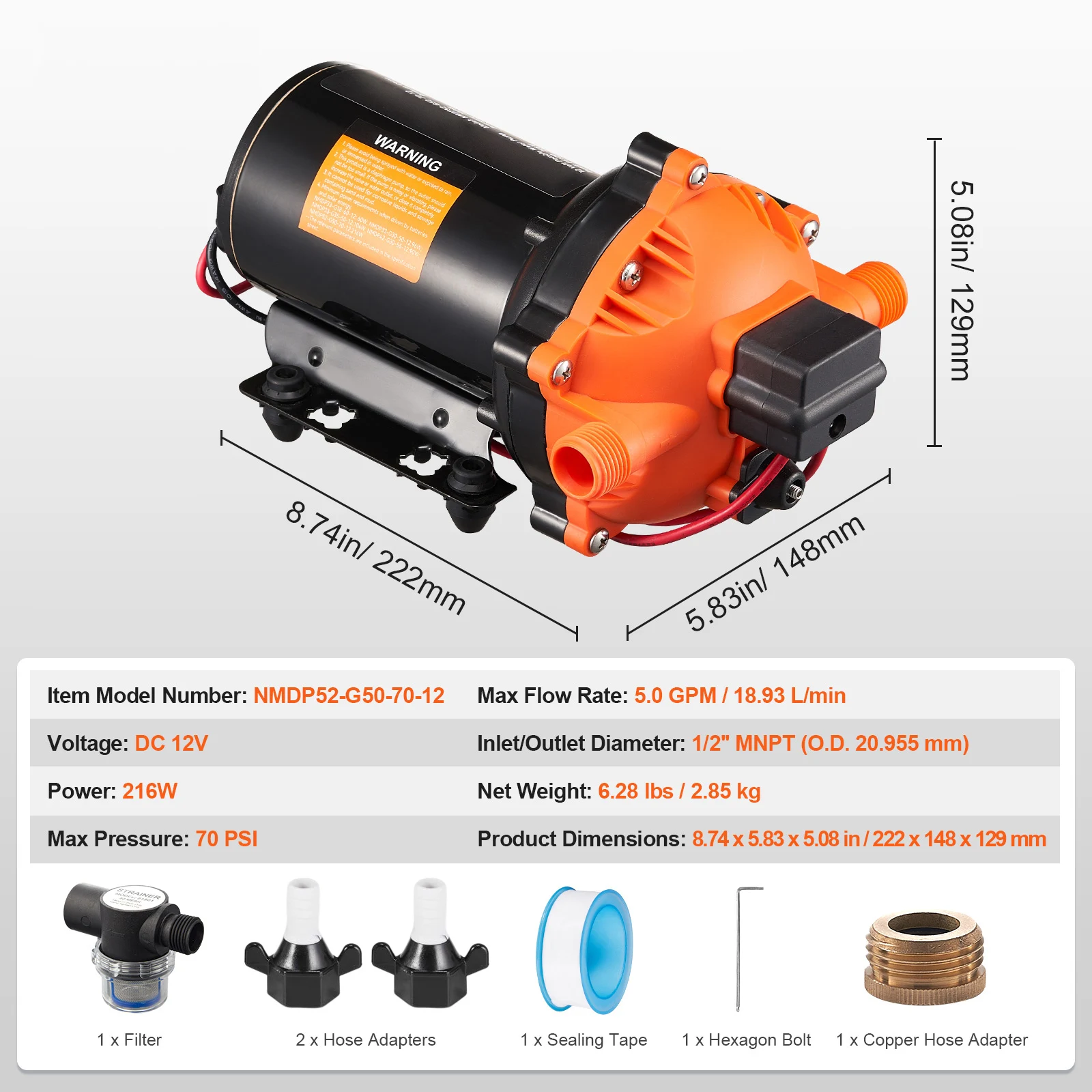 SucceBuy 12V membraanpomp 1,8/3/3,5/5 GPM 3/4/5-kamer 40-100 PSI verstelbare 1/2'' MNPT-poort voor RV jacht Food Truck Camper