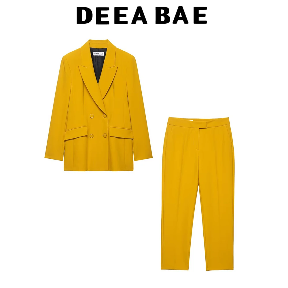 DEEABAE Collar long sleeved suit with shoulder pads double breasted buttoned suit jacket high waisted slim fit pants set