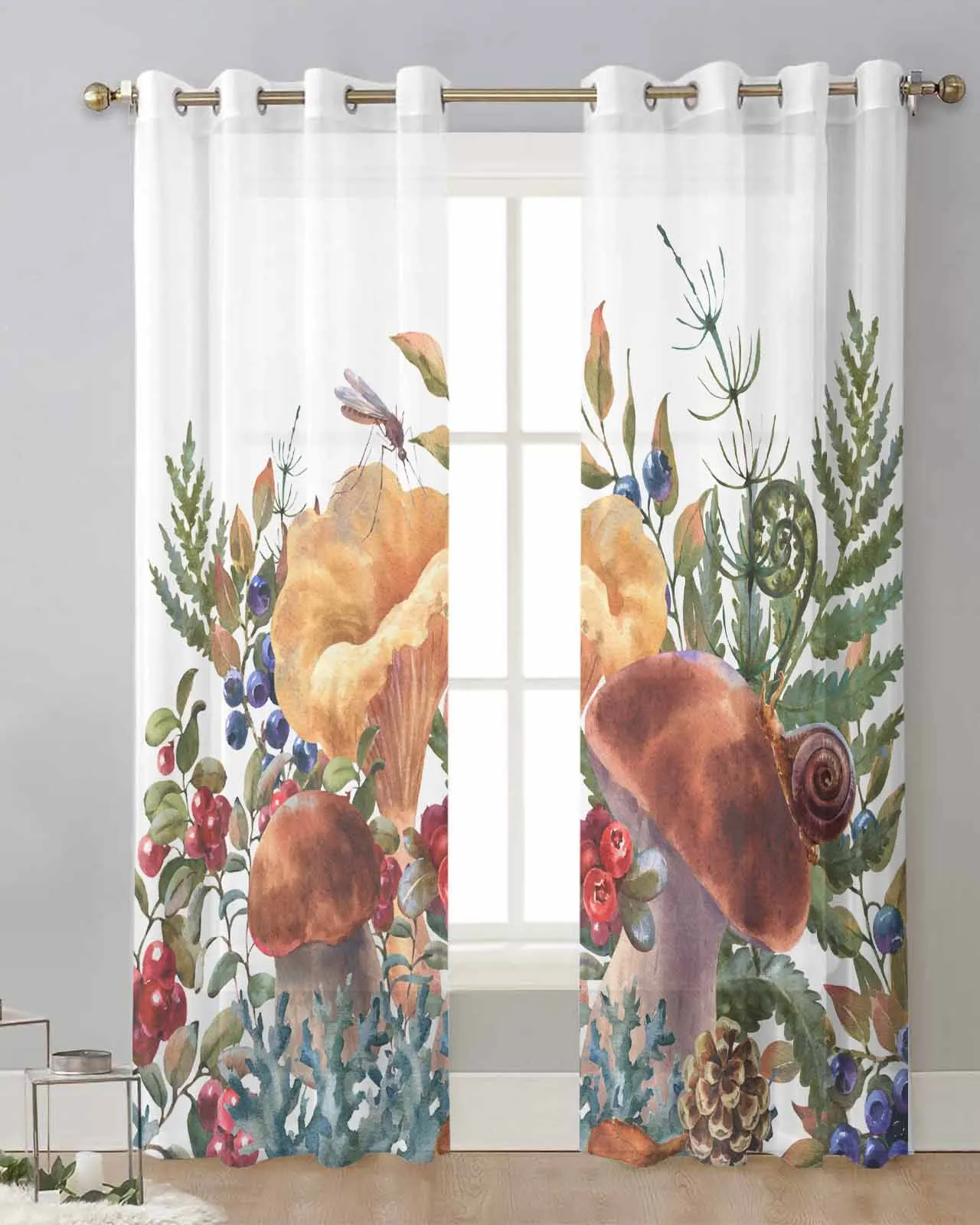 Retro Mushroom Fern Plant Fruit Pine Cone Autumn Modern Tulle Curtains Voile Drapes Sheer Window Curtains Bedroom Accessories