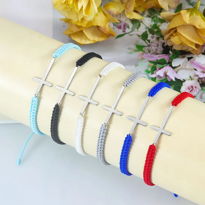 Meetvii Hand Woven Rope Cross Charm Bracelet Adjustable Safety Buckle Bangles Fashion Blessing Wristbands  Friendship Jewelry