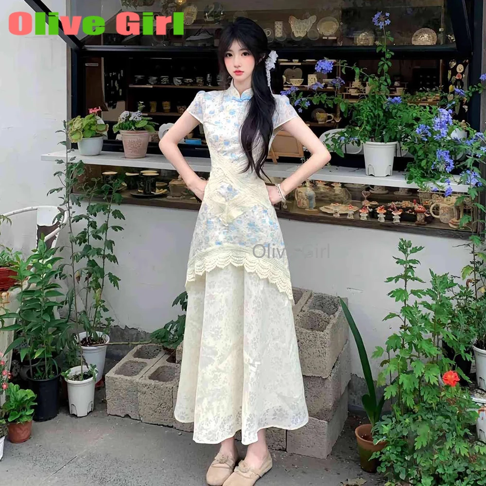 

Платье Cheongsam 2021, красивое синее платье Ципао с цветочным принтом для молодых девушек, кружевное платье Cheongsam с застежкой на талии, женская одежда