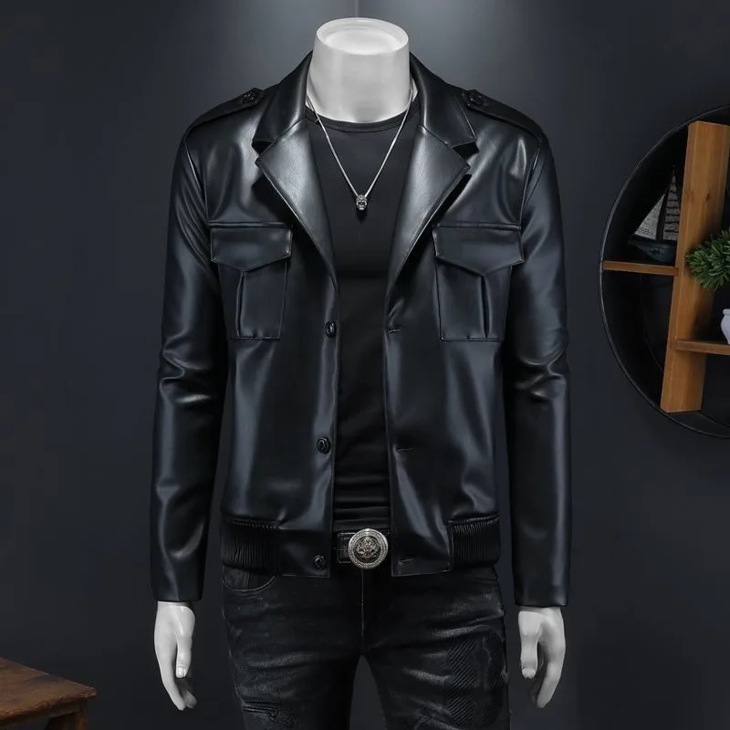 

Весенне-осенняя новая мотоциклетная кожаная куртка с несколькими карманами для мужчин, облегающая повседневная модная кожаная куртка большого размера с короткими лацканами