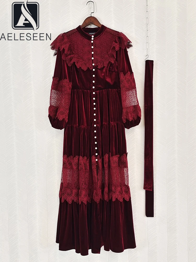 

AELESEEN Retro Autumn Winter Dress 2023 Women Runway Fashion Lantern Sleeve Velvet Patchwork Lace Ruffles Pearls Single-Breatsed