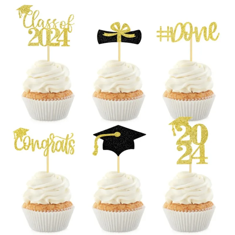 Accesorios para pastel de celebración de la temporada de graduación, 12 piezas, tapa de inserción, decoración para cupcakes, adornos para fiestas, 2024 tarjetas, púas de papel