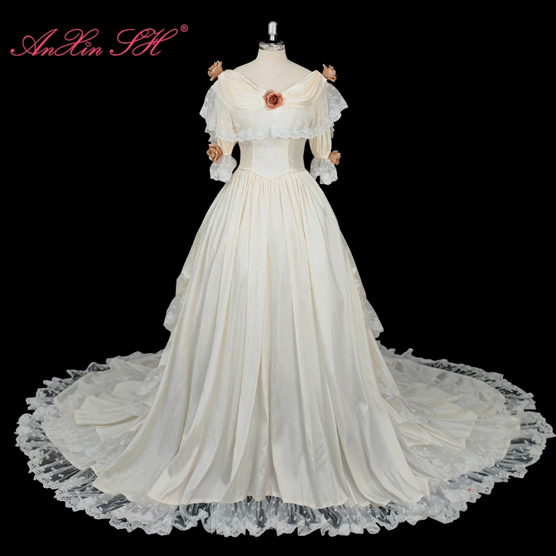 AnXin SH Vintage French white Satin orange rose v neck flower lace short flare sleeve ruffles train customized wedding dress