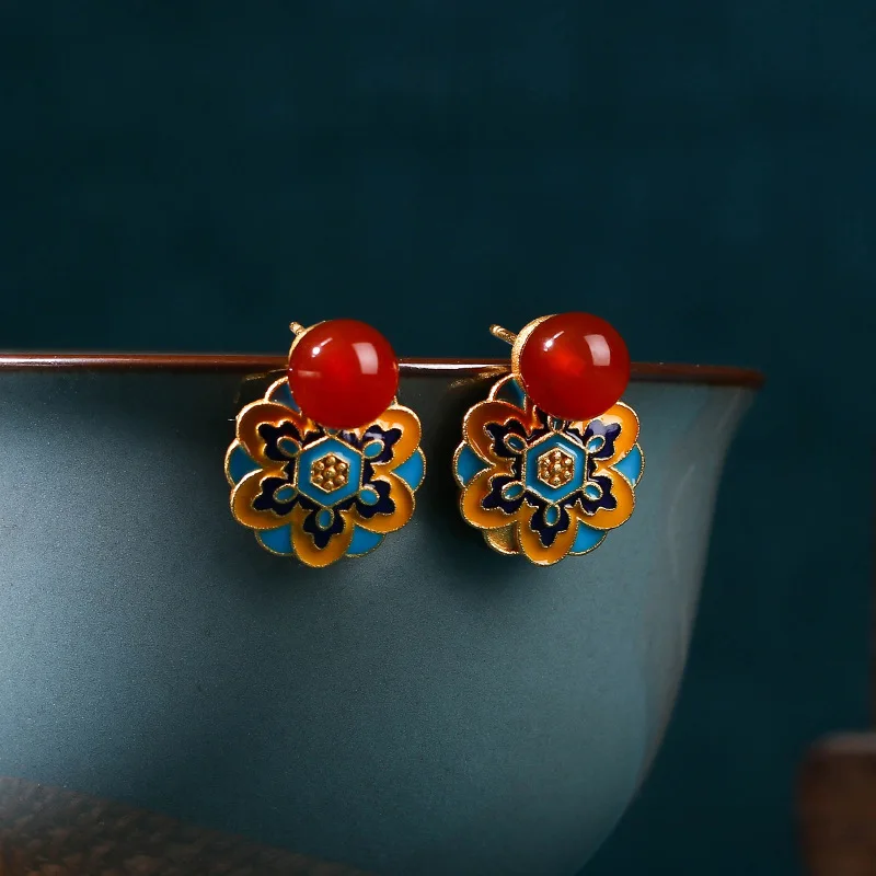 

Chinese Style Retro Enamel Drip Glazed Lotus Totem Jade Pulp Women's Earrings Classical Jewelry