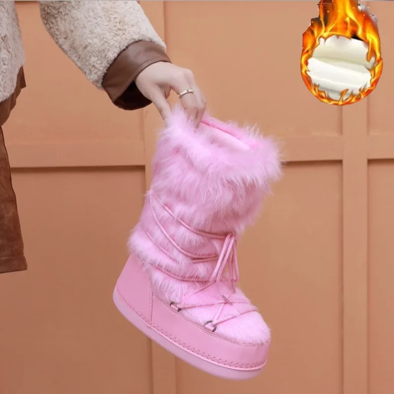 High Quality Women's Faux Fur Platform Snow Boots Winter Warm Lace Up Fluffy Ankle Boots for Women Outdoor Casual Non-slip Shoes view 6