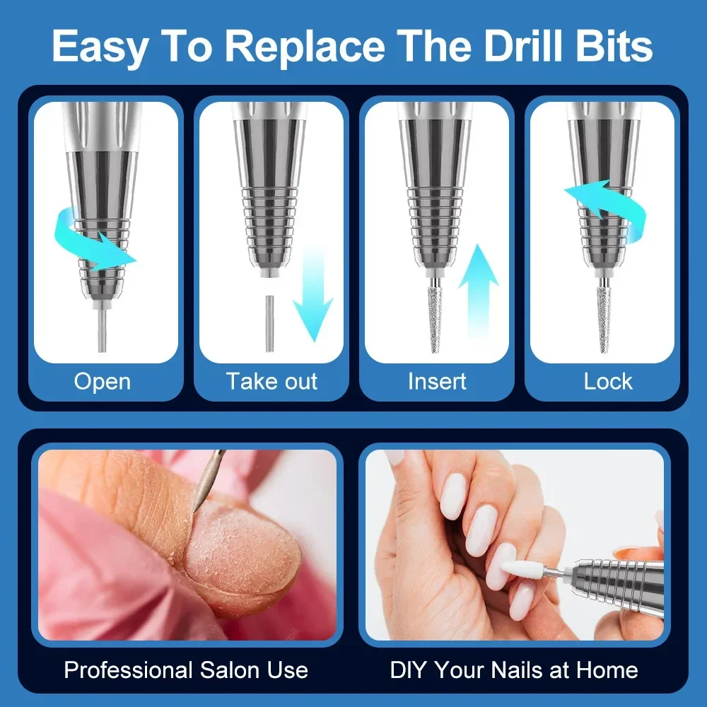 Perceuse à Ongles Rechargeable, Fraiseuse, Portable, Sans Fil, Manucure, Broyeur, Polisseuse, Kit de Coupe, 35000RPM