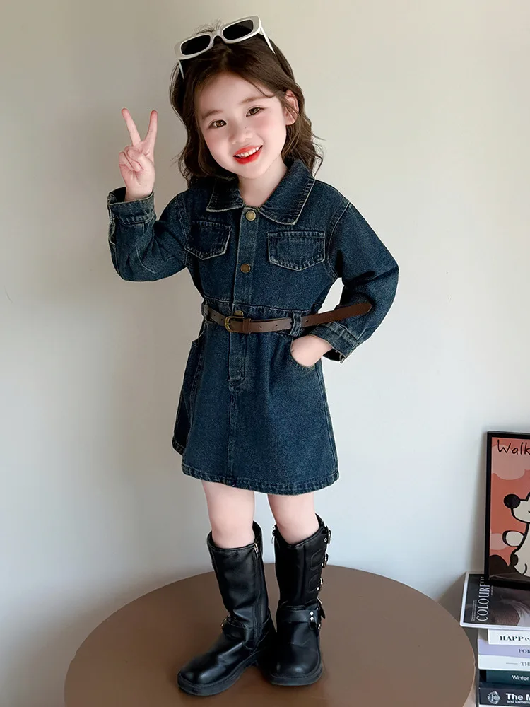 

Girls Spring and Autumn Denim Dress2025New Style Girls' Fashionable Long Sleeve Children's Trendy Autumn Dress