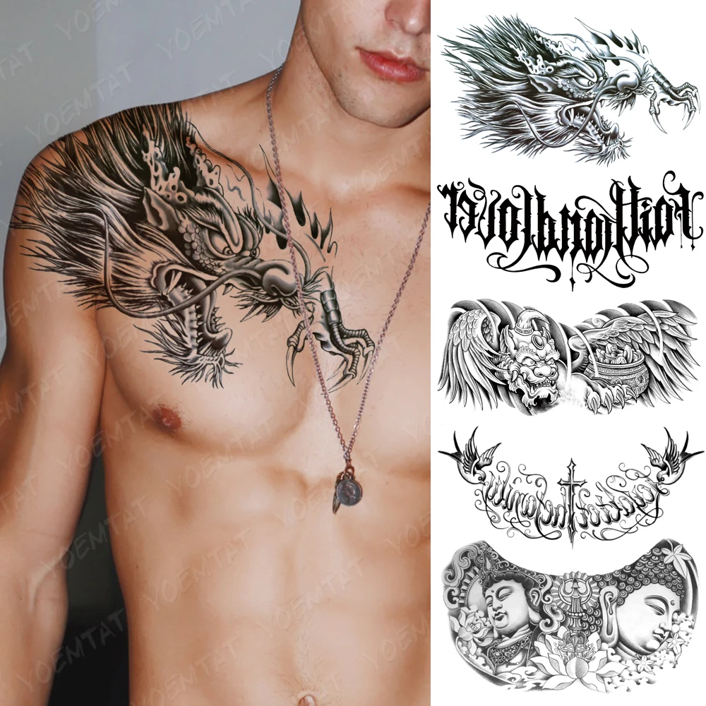 

Large Chest Tattoo For Men Black Chinese Fly Dragon Waterproof Temporary Tattoos Sticker Waist Back Art Designs Women Fake Tatoo