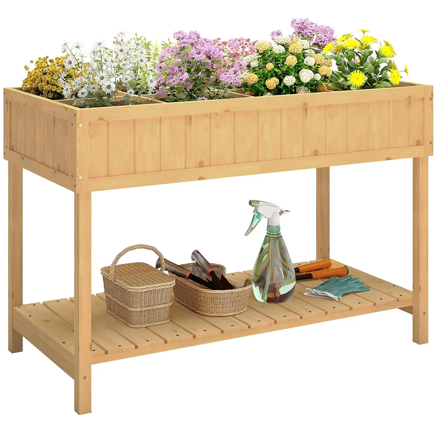 

Raised Wooden Garden Bed Planter Box with 8 Pockets Shelf Legs Grow Herbs Vegetables Flowers 43x18x30in Customized