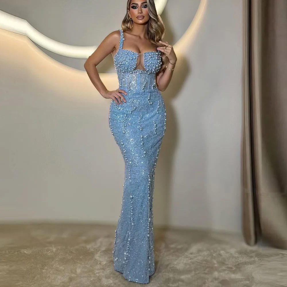 

Customized Spaghetti Strap Luxury Evening Dresses with Pearls Beaded For Sexy Women Bodice Corset Vestidos De Festa Formal Gowns