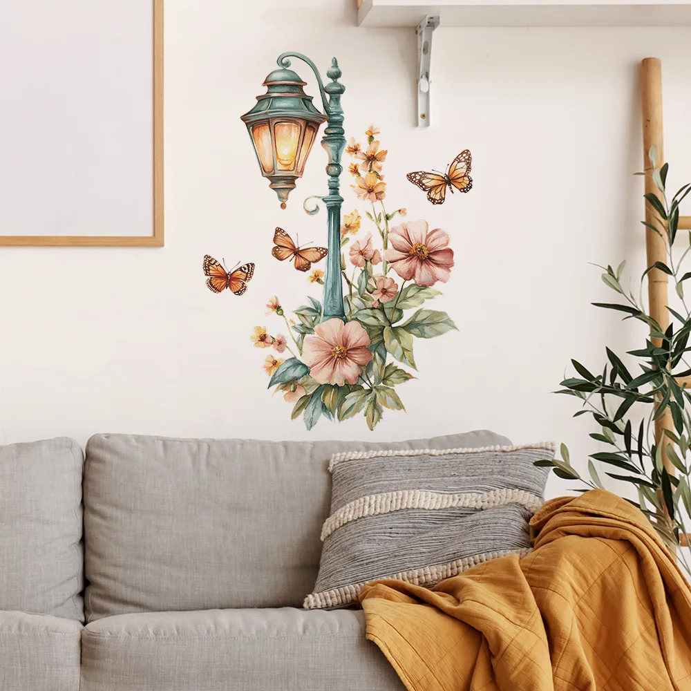 

Creative Retro Streetlight Flowers Wall Sticker Living Room Decor Mural Bedroom Door Decoration Self-adhesive Beautify Decals