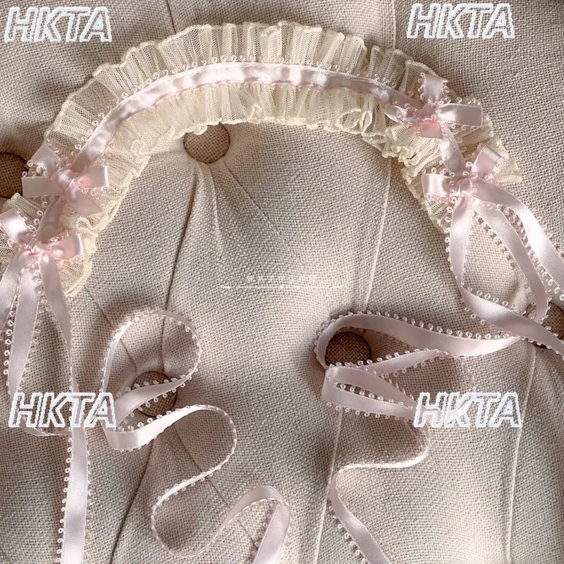 Lolita – bandeaux roses plissés à la main, doux et mignons, polyvalents, couvre-chef pour femmes, couture en dentelle, accessoires de Cosplay, bandeaux de poupée