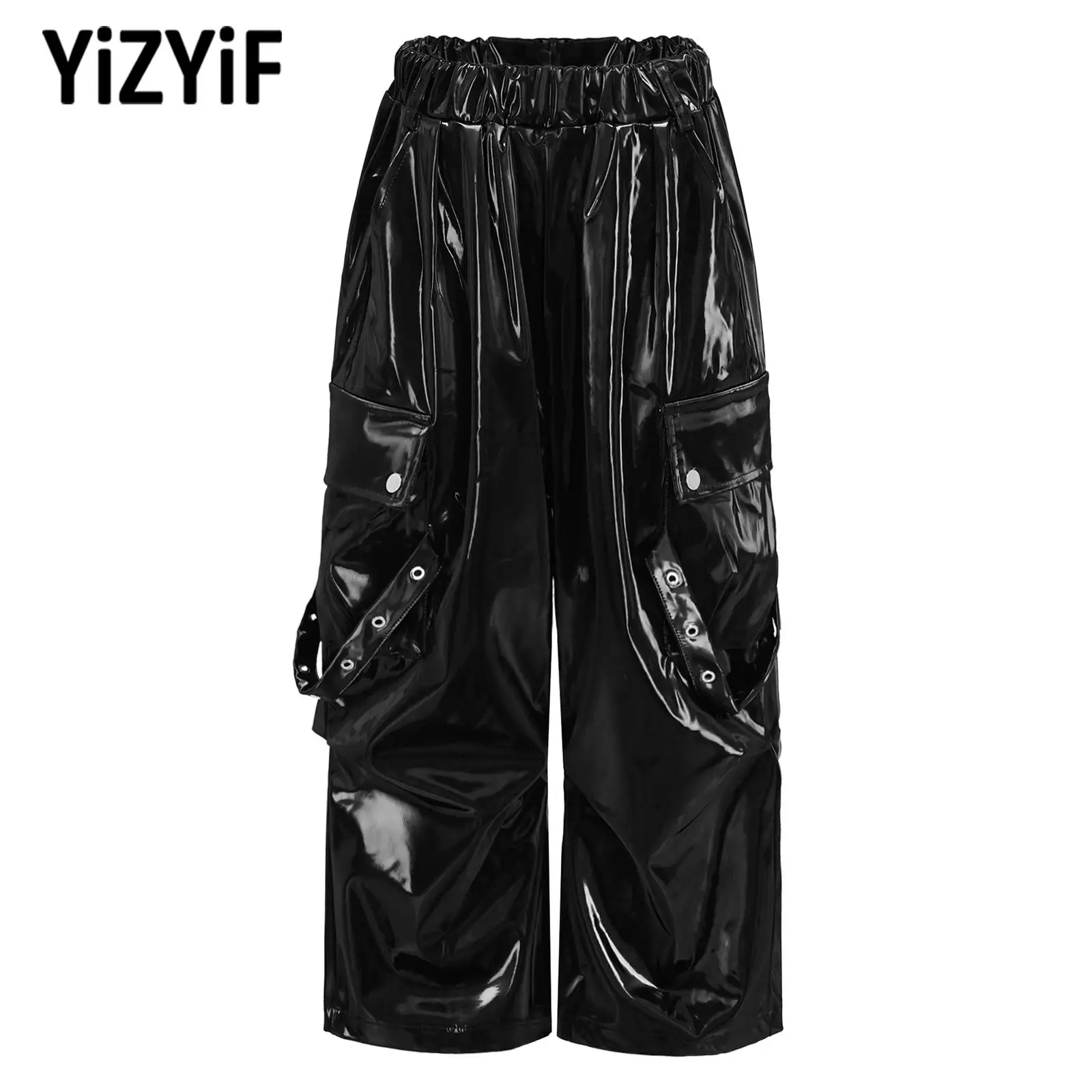 

Teen Girls Hip-hop Jazz Dance Pants Kids Festival Cosplay Party Performance Costume Elastic Waist Glossy Faux Leather Pants