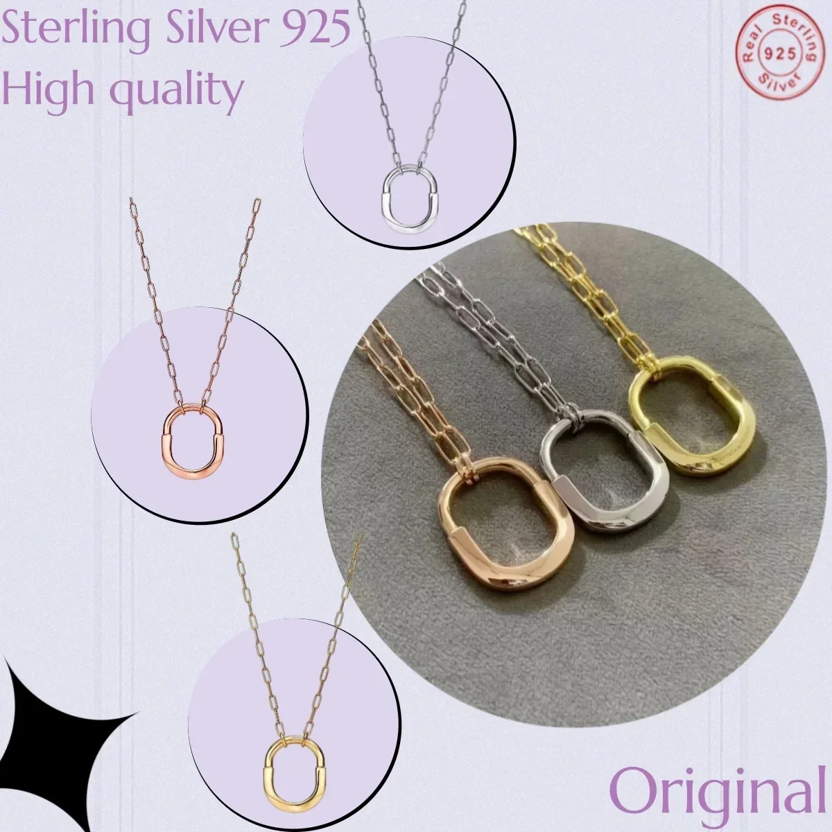 

Ожерелье из стерлингового серебра 925, серия замков, средняя овальная цепочка с пряжкой без бриллиантов, роскошный бренд, оригинальная годовщина свадьбы