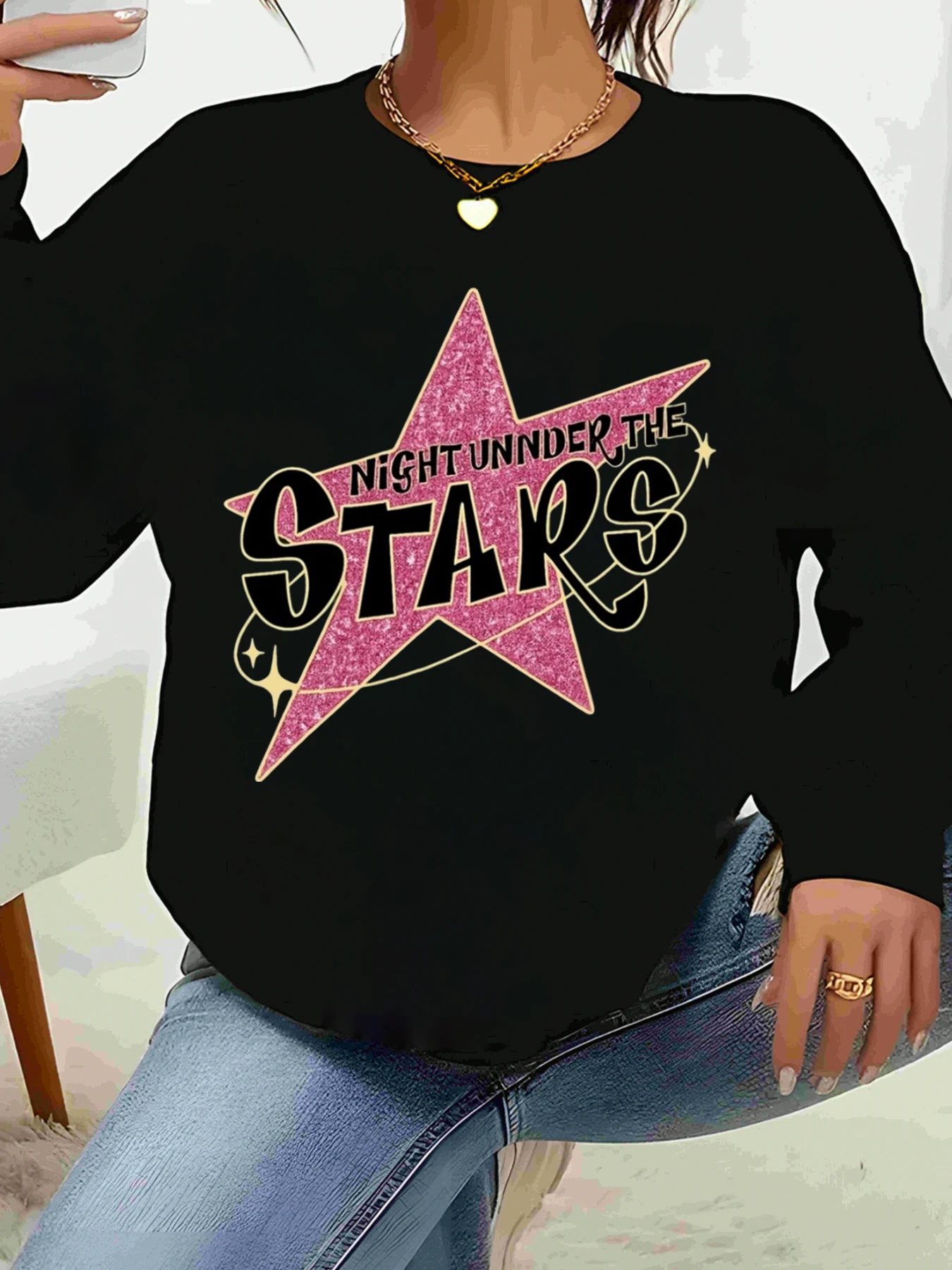 بلوزة جليتر ستار نايت تحت النجوم بأكمام طويلة مطبوعة لحفلات العطلات ملابس كاجوال للسيدات