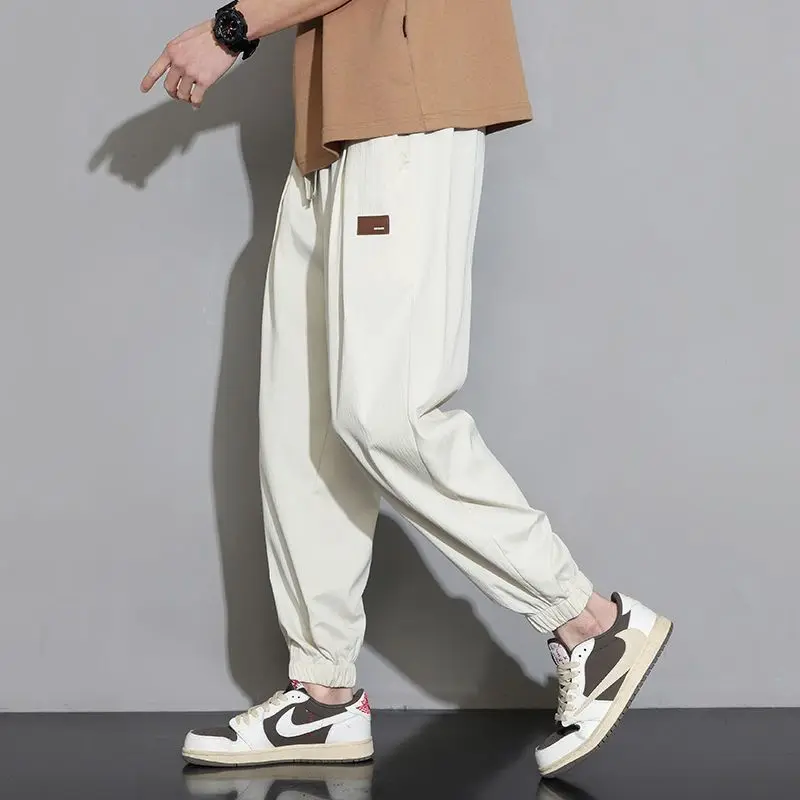 Thin Ice Silk Pants for Men Summer Trendy Brand Loose Tying Feet Versatile Casual Nine-point Pants