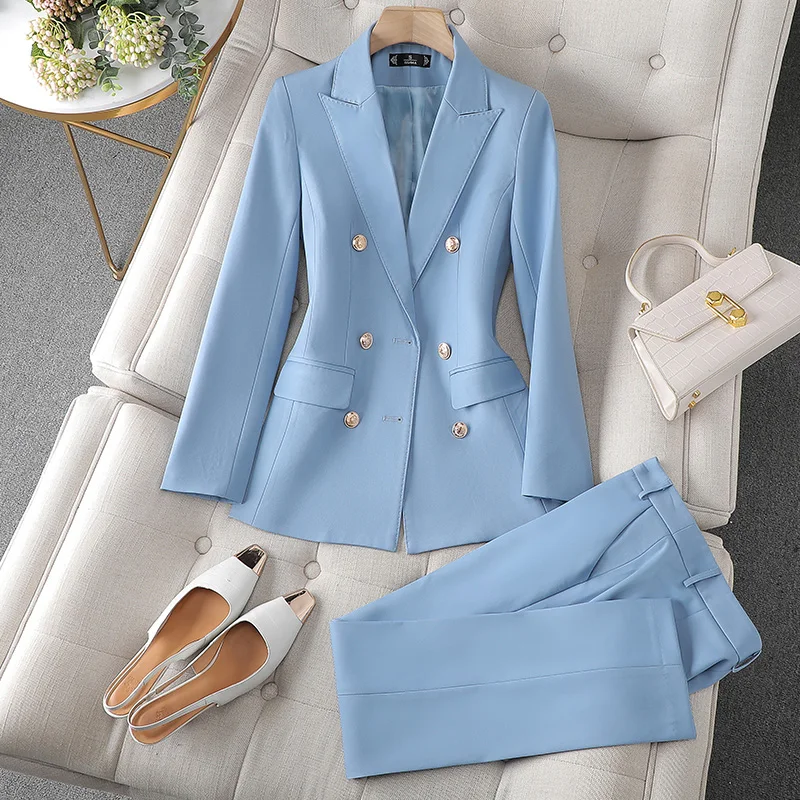 

Women Suits Office Sets 2023 New Fashion Long Sleeve Double Breasted Blazer Women Chic Vintage Solid Suits Pants Set Autumn