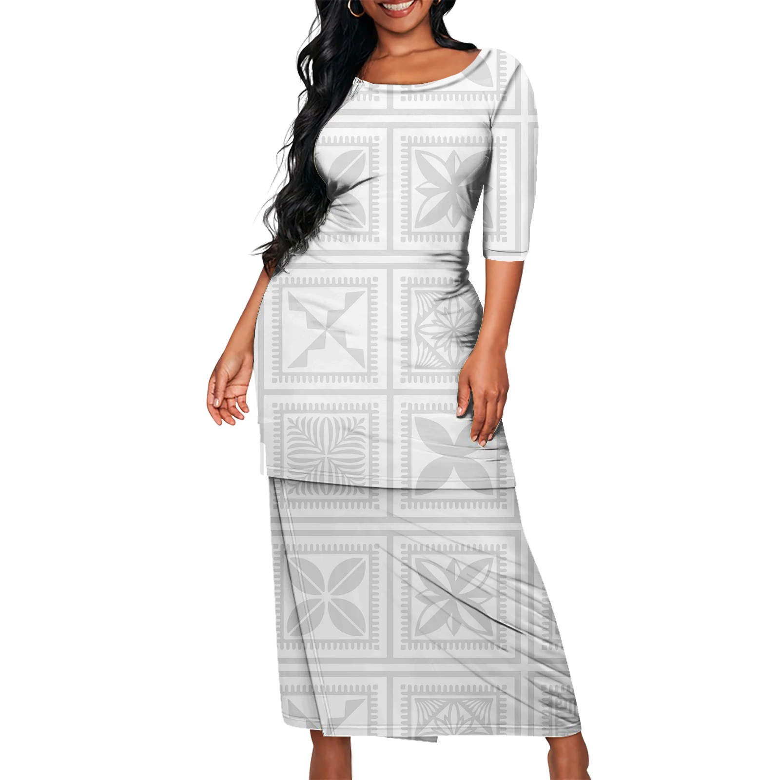 Conjunto de falda de dos piezas de lujo con estampado polinesio para mujer, vestido blanco de domingo de talla grande, Puletasi Samoa, estilo isla